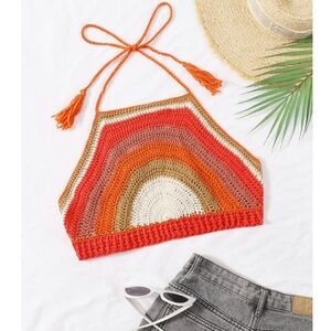Crochet Retro Rainbow Striped Halter Top